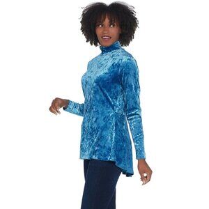 Isaac Mizrahi Live! Blue Crushed Velvet Mock-Neck Peplum Top Size L